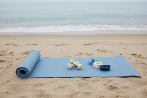 Mat pilates equipment flat lay on beach